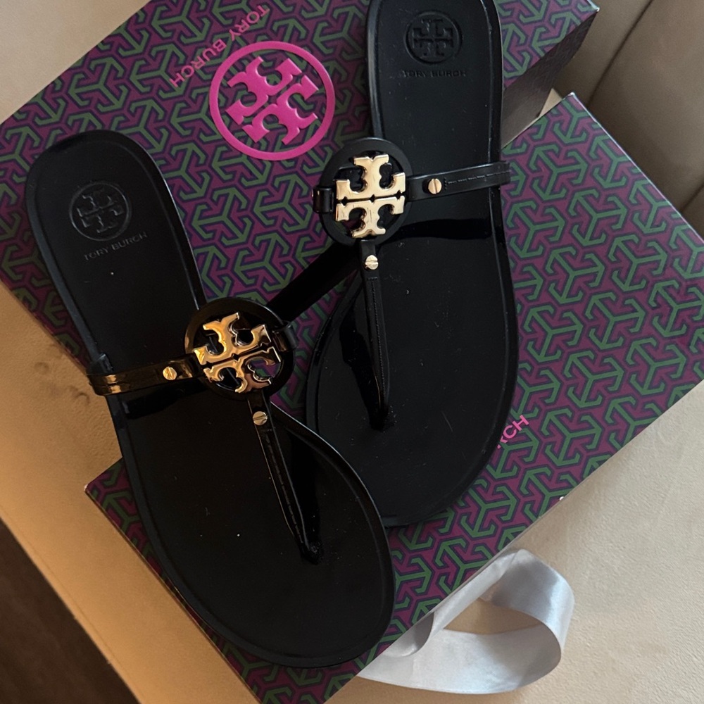 STILL AVAILABLE- Tory Burch Black Flip Flops with Gold Emblem